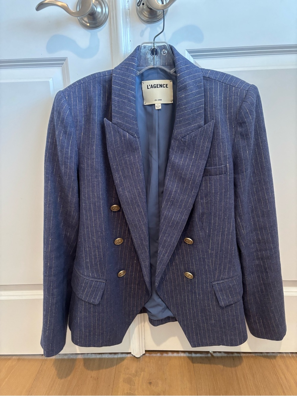L'AGENCE Kenzie Double-Breasted Blazer in Blue/Wild Wind Gold Pinstripe